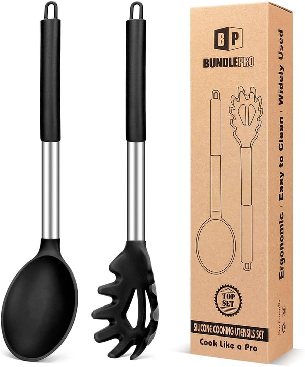 Silicone Pasta Fork and Cooking Spoon Set, Non-Stick Kitchen Utensils for Spaghetti and Soup