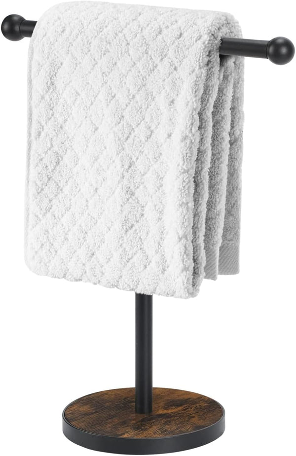 Hand Towel Holder Stand, Matte Black T-Shape Free Standing Holder for Bathroom, Heavy Base, 15” Height Wood Countertop