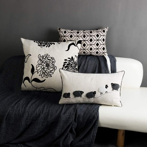 JWH Decorative Animal Embroidery Sheeps Pillow Cover, Cotton Lumbar Cushion for Sofa Couch Bed, 12x20 Inch White and