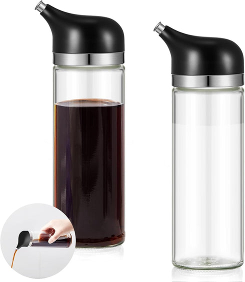 Yiyiring 2 Pcs Cruet Dispenser Set 8 oz, Black Glass Soy Sauce Dispenser,