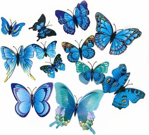 12PCS PVC 3D Butterfly Fridge Magnets - Wall Stickers with Magnet for Home Party Decoration (Blue)