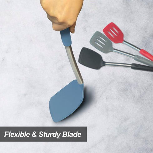 2 Pack Solid & Slotted Silicone Spatula Set, Stainless Steel Handle, Non Stick, Heat Resistant, Starry Blue