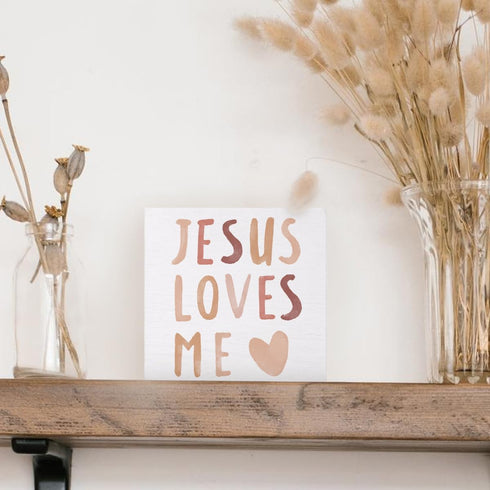 5x5 Baby Girls Nursery Decor - Jesus Loves Me Christian Gifts Wood Sign Wall Art Decoration, Boho Neutral Bible Verse