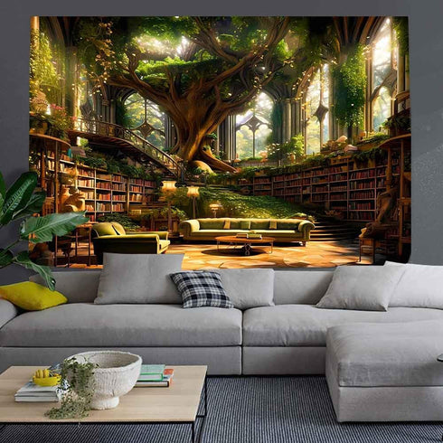60x40inch Ine Ive Forest Library Tapestry Mysterious Green Tree Medieval Bookshelf Aesthetic Tapestries Vintage Book