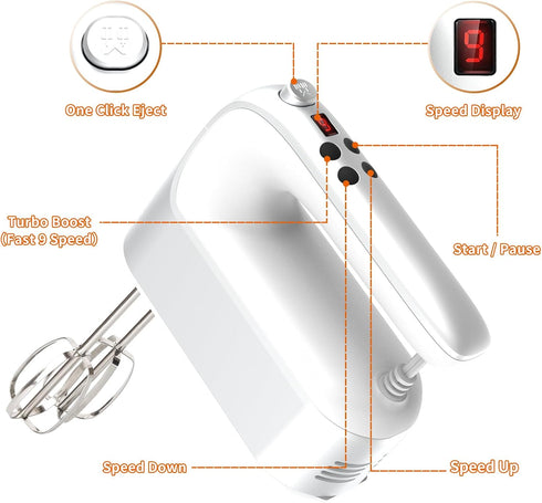 CBQ Electric Hand Mixer, 9 Speed 400W Handheld Mixer with Digital Display, Touch Button, Turbo, 5 Accessories