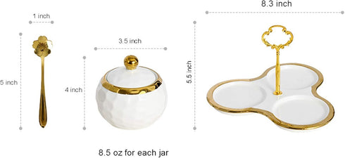 Golf Porcelain Sugar Bowl Condiment Pot, Salt Container with Lid, Spoon and Tray, Set of 3, Modern Spice Box Seasoning