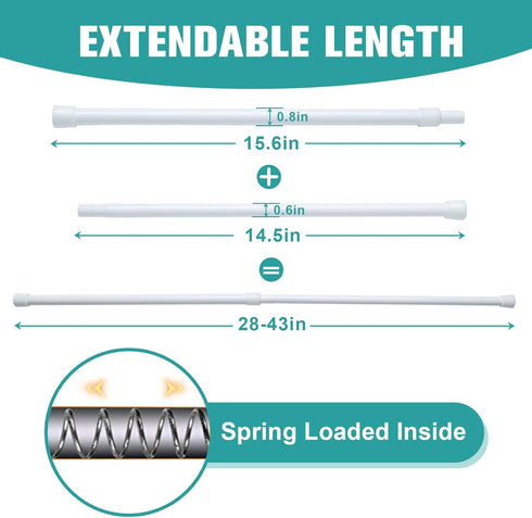2 Pack Spring Tension Curtain Rod Adjustable 28-43 Inches, 5/8" Diameter, White