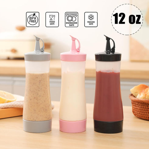 Qiuhome 12 oz (4 Pack, Condiment Squeeze Bottles Sauces Ketchup Bottles Squeeze Bottles Liquids, Oil - Black)