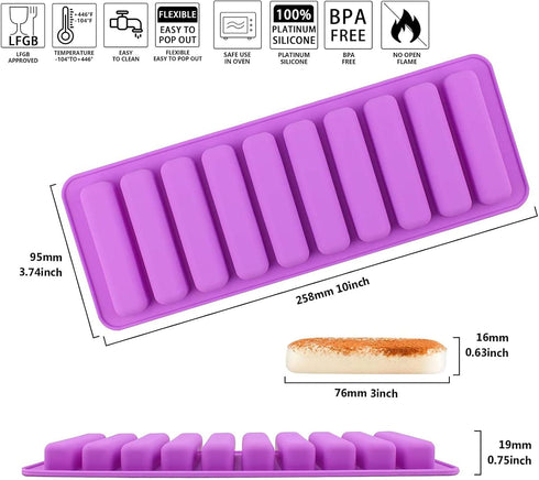 Long Strips Silicone Mold Finger Shaped Cookie Molds 2 PCS-10 Cavity Chocolate Rectangular Cereal Bar Molds Ice Cube Tray Jelly Cake Candy Baking Tools by Bamutu