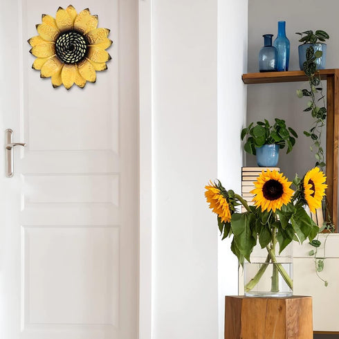 YEAHOME Sunflower Wall Decor - 9 inch Metal Flower Art Decorations, Set of 3 Handmade Hanging for Home, Indoor or
