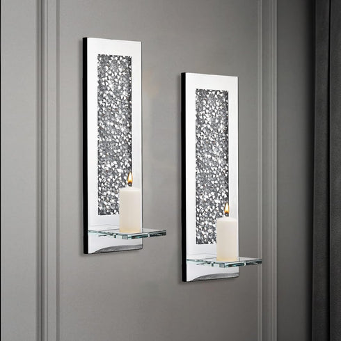 Pibeyer set 2, Crystal Crush Diamond Wall Candle holder of Rectangle Silver Mirrored Candle Sconces, Home Wall