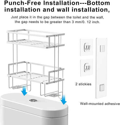 Over The Toilet Storage Shelf, 2-Tier Bathroom Organizer, Punch-Free Home Storage Rack with Hooks, White