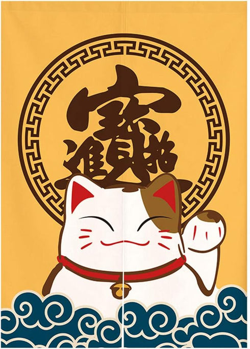 Japanese Noren Doorway Curtain Tapestry, Maneki Neko Lucky Cat Design, 33 x 35 inches
