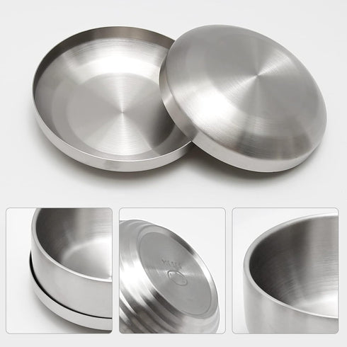 Stainless Steel Rice Bowl with Lid, Set of 2, Double-walled Metal Bowls for Korean Kitchen, Insulated Soup Bowls