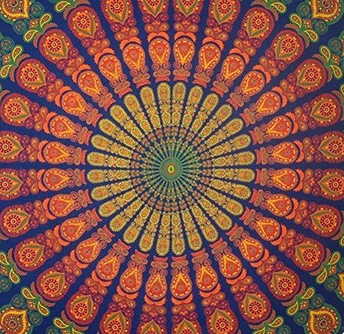 Handmade Sanganeer Peacock Mandala 72" Round Tablecloth, 100% Cotton, Gorgeous Blue Gray