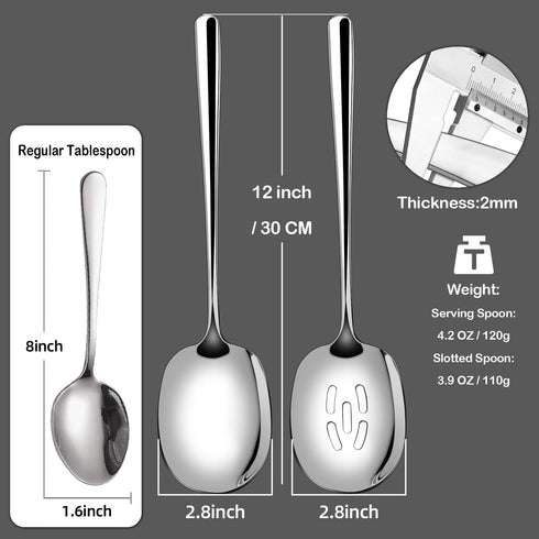X-Large Serving Spoons Set, 12 Inch Slotted Spoon and Serving Spoon, Premium Silverware, Food-grade Stainless Steel,