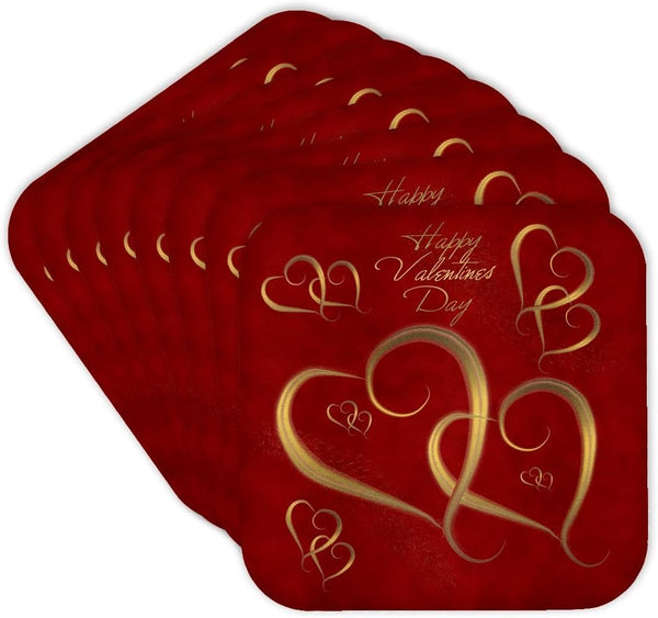 3dRose Golden Hearts Entwined on Mottled Red Background, Happy Valentines Day - Soft Coasters, Set of 8