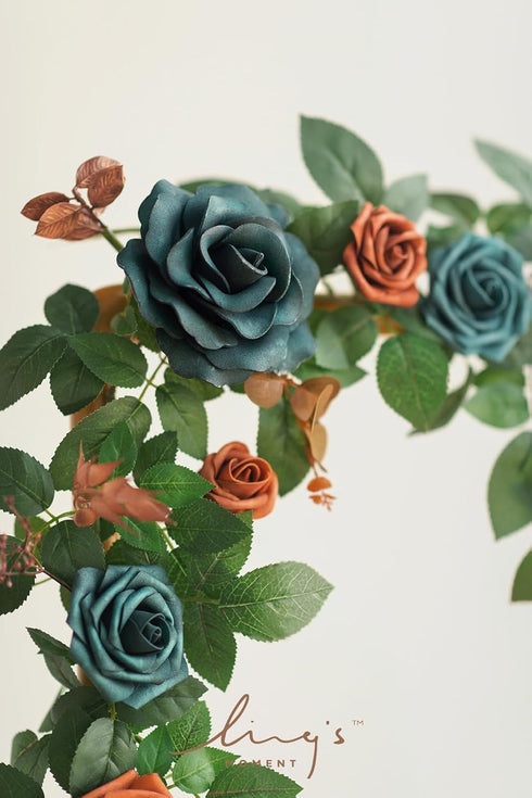 5FT Ling's Moment Teal Blue Artificial Flower Garland Burnt Orange Rose Eucalyptus Leaves Floral Garland Arch Flowers