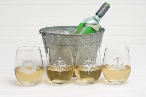 Set of 4 Stemless Boat Wine Glasses – 16oz Unbreakable Nautical Glasses with Anchor, Compass, Helm & Life Ring,
