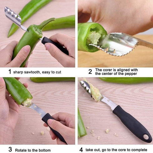 Jalapeno Corer Tool with Serrated Slice and Rubber Handle, Efficient Seed Remover for Cooking