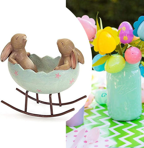 Vintage Rustic Country Bunnies Rabbit Figurine Statue, Laughing Bunny Rabbits Rocking in an Easter Egg Cradle