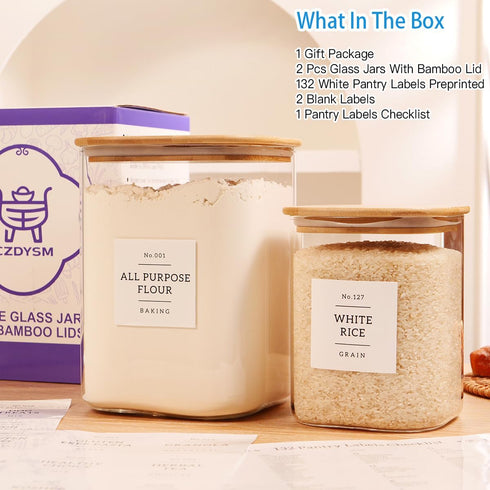 2 Pack 132 110 floz 51 floz large Square Glass Flour and Sugar Containers with Kitchen Pantry Labels - & - Glass Jars