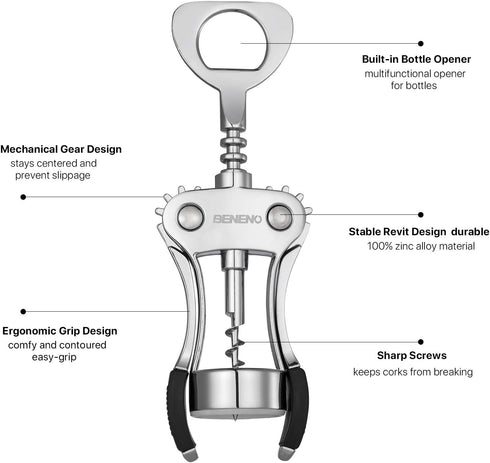 Beneno Wine Opener, Zinc Alloy Premium Wing Corkscrew with Ergonomic Non-Slip Handle, Upgrade