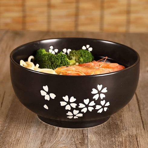 WHJY Black Ceramic Bowl with Lid, Spoon, and Chopsticks for Soup, Rice, Noodles, Japanese Traditional Style Tableware
