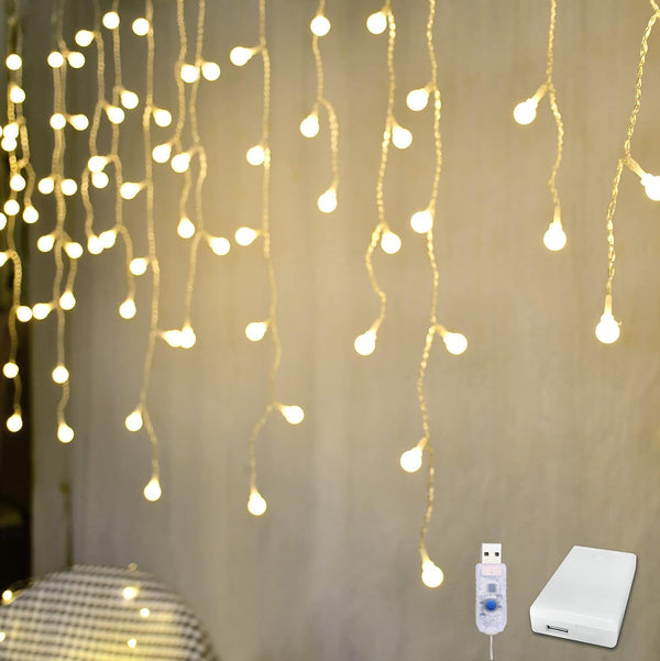 YOLIGHT Fairy Curtain Lights, USB/Battery Powered Ball Icicle Light 13ft 96 LED