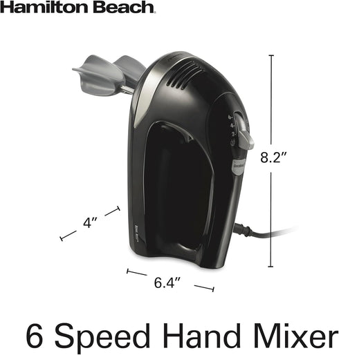Hamilton Beach 6-Speed Electric Hand Mixer, 275 Watts with Whisk, Dough Hooks, Easy Clean Beaters, Black
