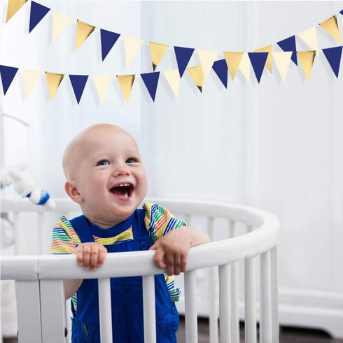 30Ft Navy Blue Gold and Beige Party Decorations, Royal Blue Gold Triangle Flag Pennant Banner for Events