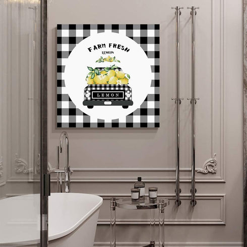 Canvas Wall Art - Black Grey Buffalo Plaid Farm Truck Carry Lemons, Rustic Farmhouse Style Decor, 16'' x 16'' Framed