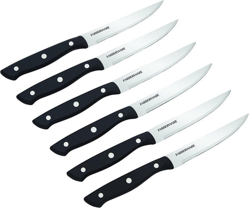 Farberware Triple Riveted Steak Knife Set, 6-Piece, High-Carbon Stainless Steel Knife Set, Razor-Sharp Steak Knife Set with Fine Edge Blades, Black by Farberware