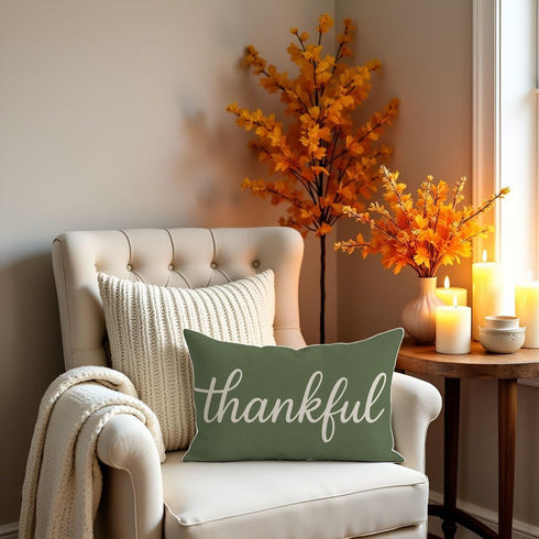 12x20 Inch Thankful Pillow Cover Olive Green Lumbar Decorative Cushion Case Rustic Farmhouse Fall Decor Thanksgiving