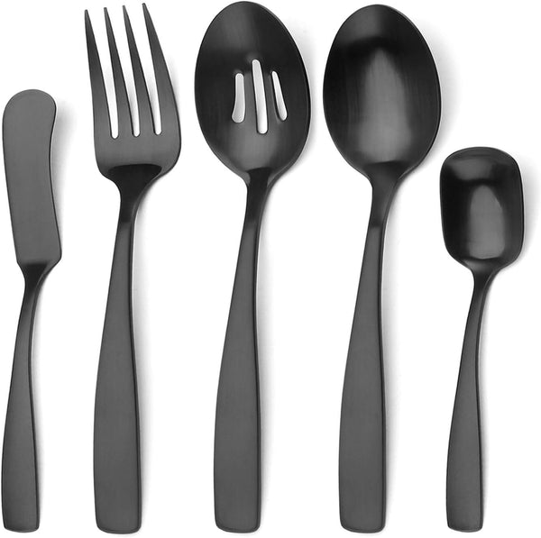 Matte Black 5-Piece Serving Utensils Set, Stainless Steel Hostess Buffet Serving Set, Dishwasher Safe