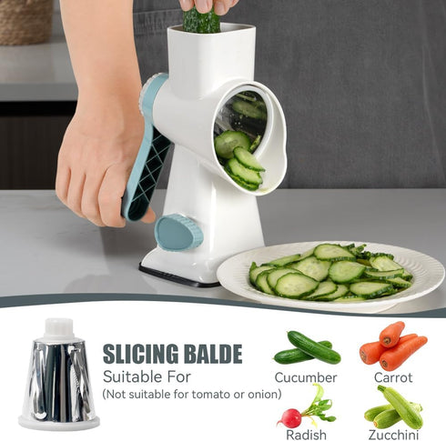 KEOUKE Rotary Cheese Grater with Handle, Vegetable Cheese Shredder Slicer for Kitchen, 3 Changeable Blades