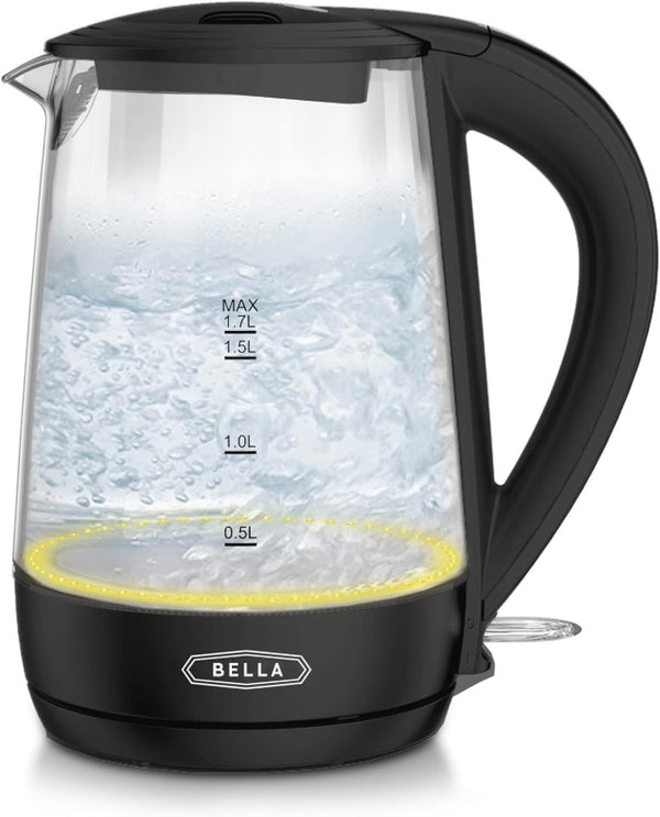 BELLA 1.7 Liter Glass Electric Kettle, Quickly Boil 7 Cups of Water, Auto Shut-Off, Black
