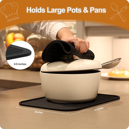 Black Silicone Trivets for Hot Dishes, 9'' x 12'', Heat Resistant Hot Pads for Kitchen and Quartz Countertops