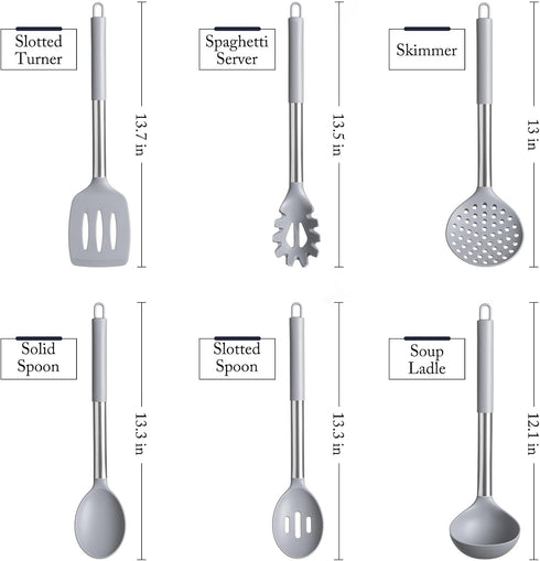 Silicone Kitchen Utensils Set - Culinary Couture 6-Pieces Grey Silicone Cooking Utensils Set for Nonstick Cookware - Silicone Spatulas Set, Stainless Steel Handle & Other Kitchen accessories by Culinary Couture