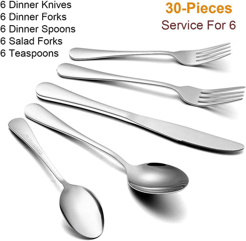 Wildone 30-Piece Silverware Flatware Cutlery Set, Stainless Steel Tableware Utensils Service for 6, Include Dinner Knives/Forks/Spoons, Mirror Polished, Dishwasher Safe by Wildone