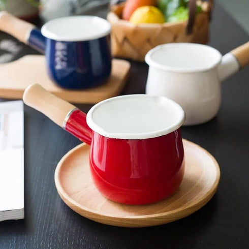 Enamel Milk Pot, Small 4 Inch 17 Oz Saucepan with Wooden Handle, Perfect for Heating Smaller Liquid Portions