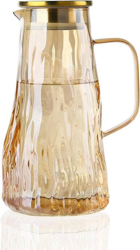 FANKAQI 1.8L Amber Glass Pitcher with Lid Bark Texture Design, Borosilicate Heat &