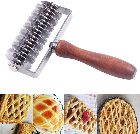 Hosmide Kitchen Baking Dough Cookie Pie Pizza Pastry Lattice Roller Cutter Tool - Stainless Steel with Wood Handle