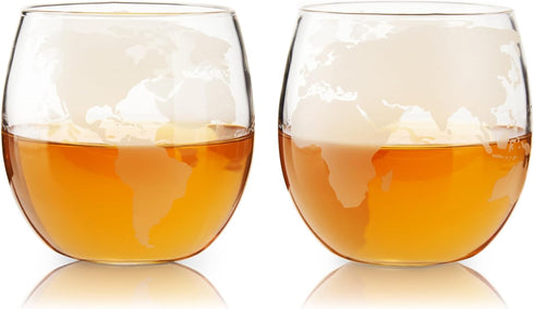 Set of 2 Viski Globe Glass Whiskey Tumblers, 10 oz, Etched Glass Whiskey Enthusiast Gift and Glassware Accessory