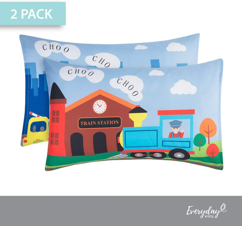 Everyday Kids 2-Pack Standard Size Pillowcases - 100% Soft Breathable Microfiber for 20 x 26” Pillows - Train