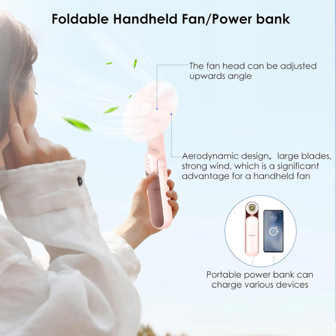 Portable Handheld Fan, 4 IN 1 Personal Foldable Pocket Fan with Power Bank and Flashlight (Pink)