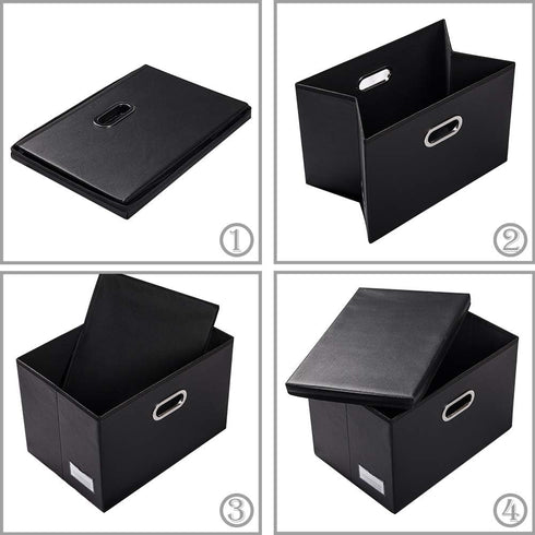 PRANDOM Large Collapsible Storage Bin with Lid, Black Leather Fabric Foldable Box Organizer for Home, 1-Pack.