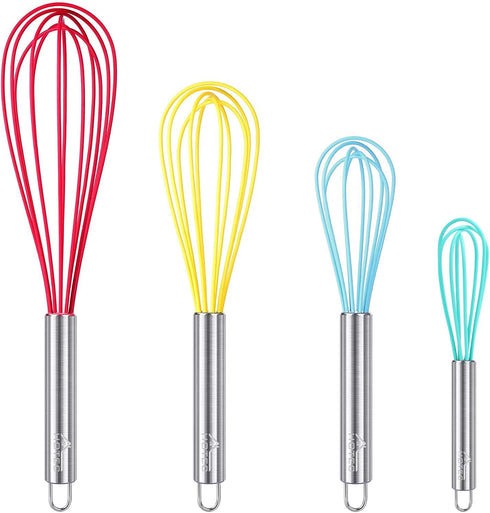 HOTEC 4 Pieces Silicone Whisks Set, Non-slip Handle Wire Balloon Whisks for Cooking, Beating, Blending (Multicolor)