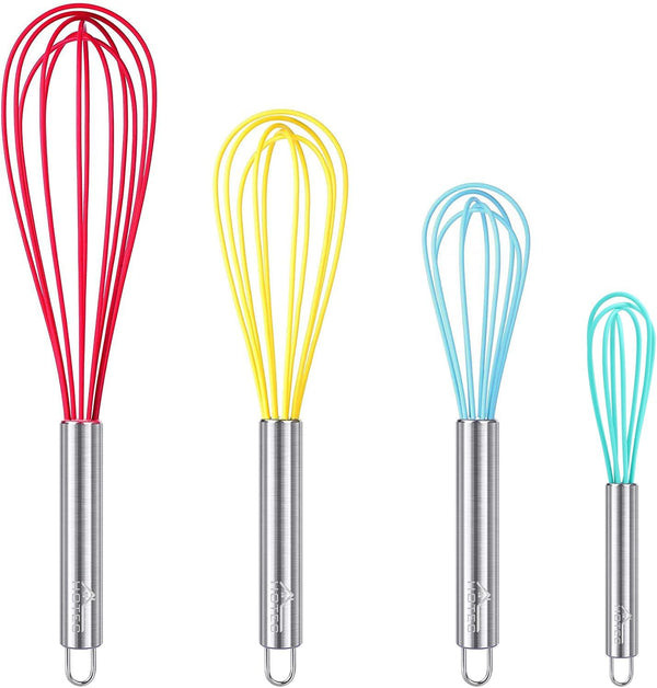 HOTEC 4 Pieces Silicone Whisks Set, Non-slip Handle Wire Balloon Whisks for Cooking, Beating, Blending (Multicolor)