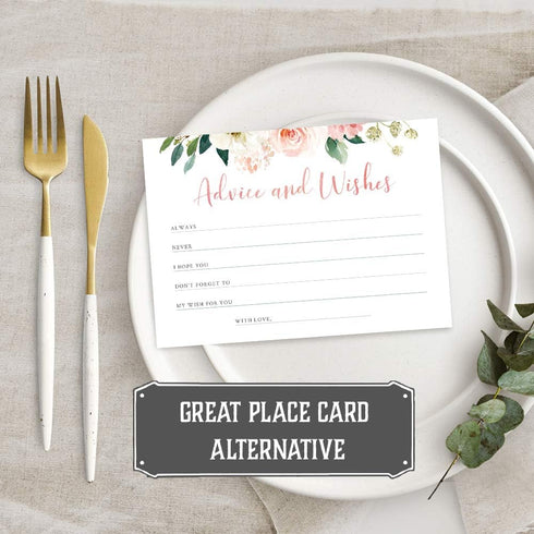 Set of 50 Double Sided Floral Advice and Wishes Cards for Bridal Shower, Baby Shower, Wedding, Graduation, and